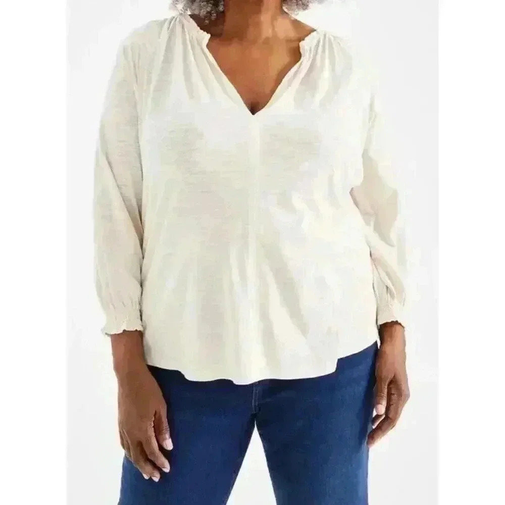 NWT Style & Co Women's Smocked Cotton Blend Knit Blouse Cream Size M